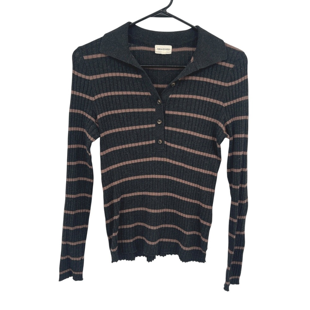 Ribbed Henley Long Sleeve Top S Charcoal‎ Mocha Stripe Y2K Indie Fitted Grunge
